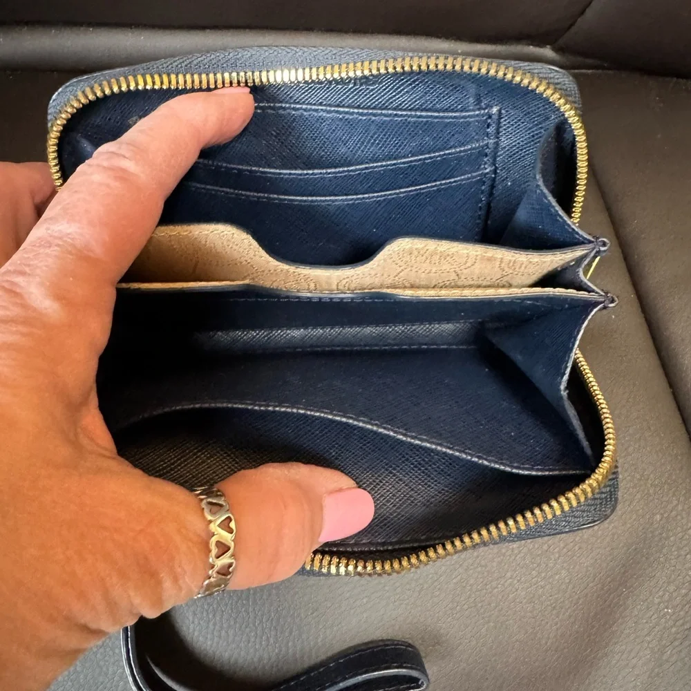 Michael Kors Blue/White Leather Striped Zip Around Wallet